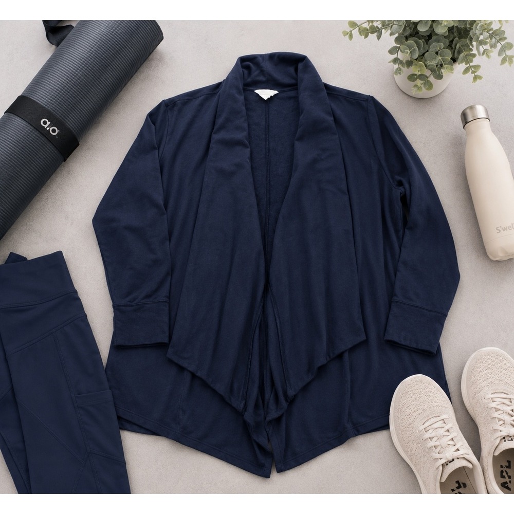 Athleta Studio Wrap Cardigan 1X Navy Blue Waterfall Yoga Stretch Lounge Cozycore